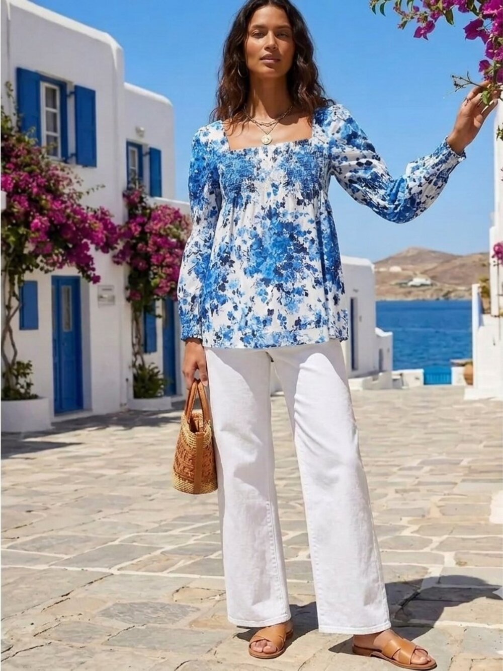 Tuckernuck Floral Tilly Blouse Small Blue White Square Neck Puff Sleeve NWT Top